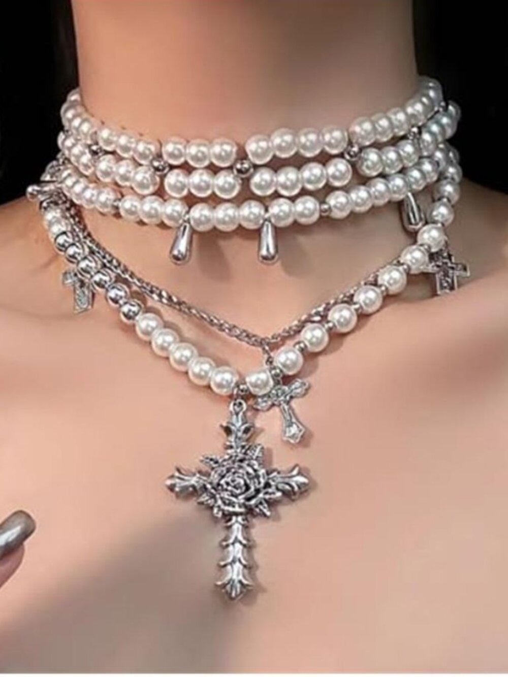 Gothic Cross Layered Faux Pearl Necklace Silver Tone Chunky Stacked